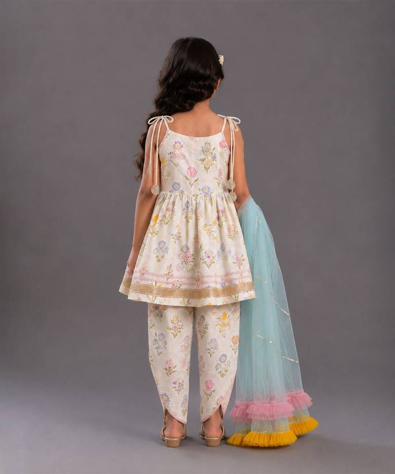 White printed cotton silk dhoti kurta set