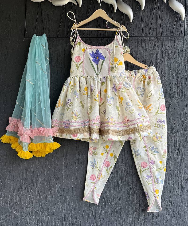 White printed cotton silk dhoti kurta set