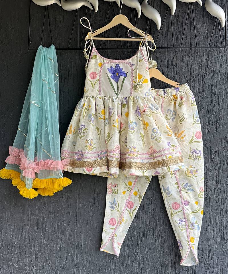 White printed cotton silk dhoti kurta set