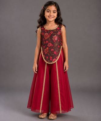 Maroon printed organza cotton silk co ord set 1