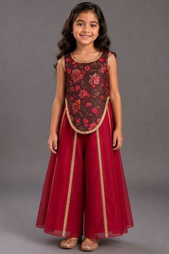 Maroon printed organza cotton silk co ord set