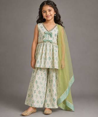 White green printed cotton silk kurti set 1