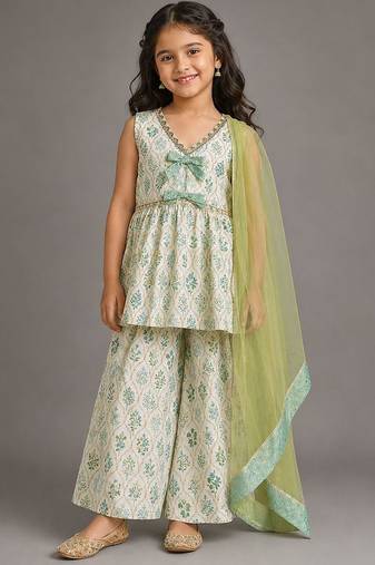 White green printed cotton silk kurti set