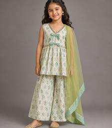 White green printed cotton silk kurti set
