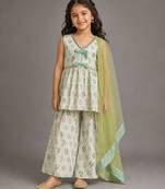 White green printed cotton silk kurti set
