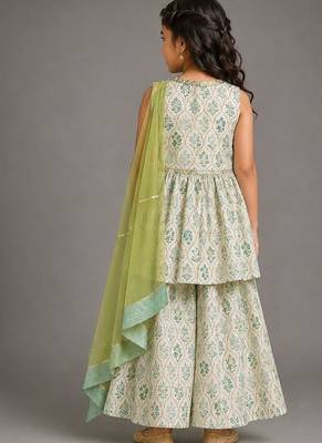 White green printed cotton silk kurti set 2