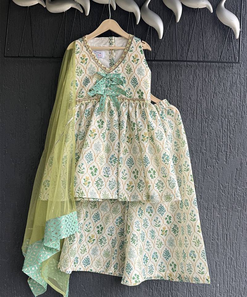 White green printed cotton silk kurti set