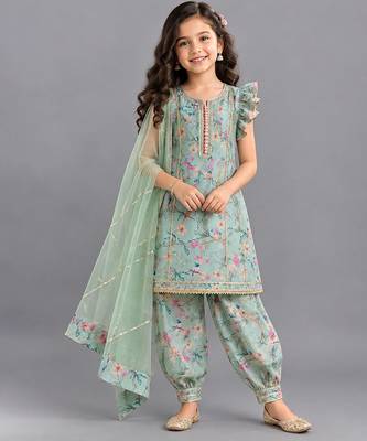 Pastel green printed cotton silk dhoti kurti set 1