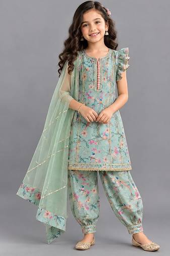 Pastel green printed cotton silk dhoti kurti set