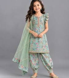 Pastel green printed cotton silk dhoti kurti set
