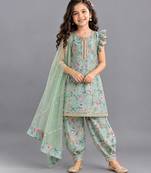 Pastel green printed cotton silk dhoti kurti set