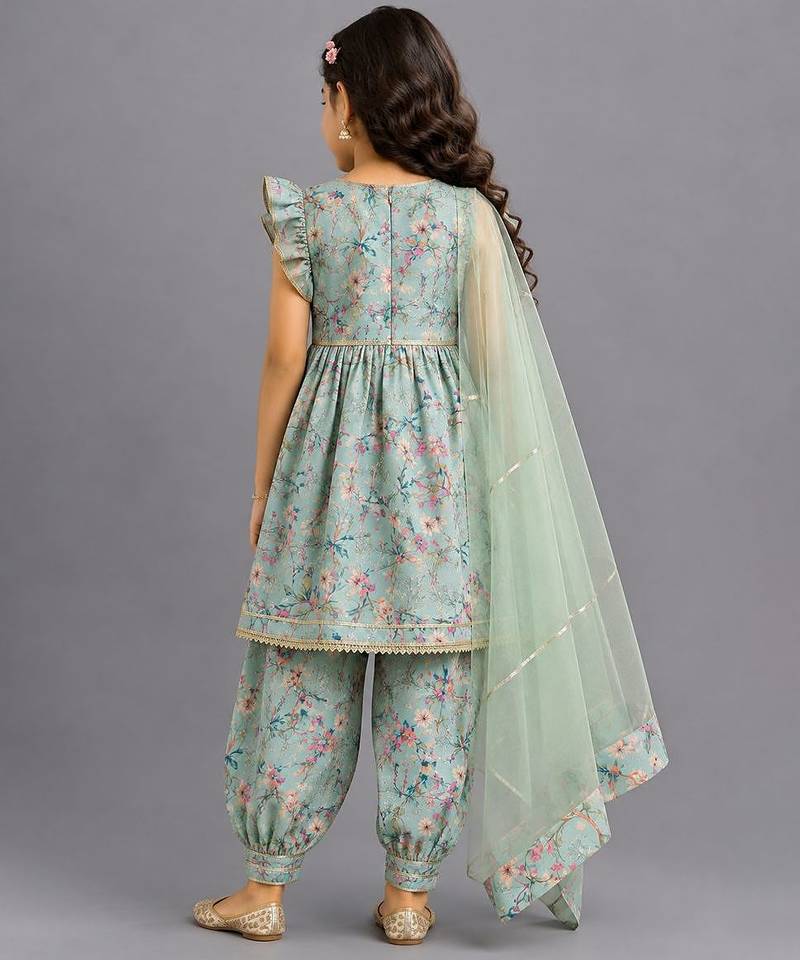 Pastel green printed cotton silk dhoti kurti set