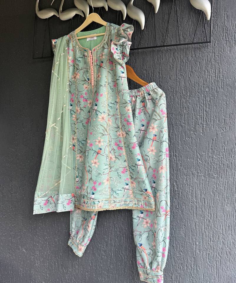 Pastel green printed cotton silk dhoti kurti set