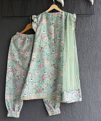 Pastel green printed cotton silk dhoti kurti set 4