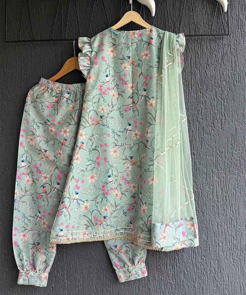 Pastel green printed cotton silk dhoti kurti set