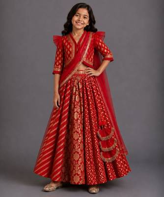 Deep red chanderi cotton silk lehenga with drape dupatta 1