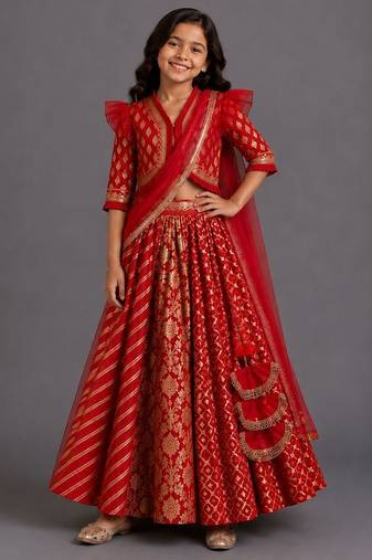 Deep red chanderi cotton silk lehenga with drape dupatta