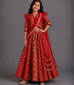 Deep red chanderi cotton silk lehenga with drape dupatta