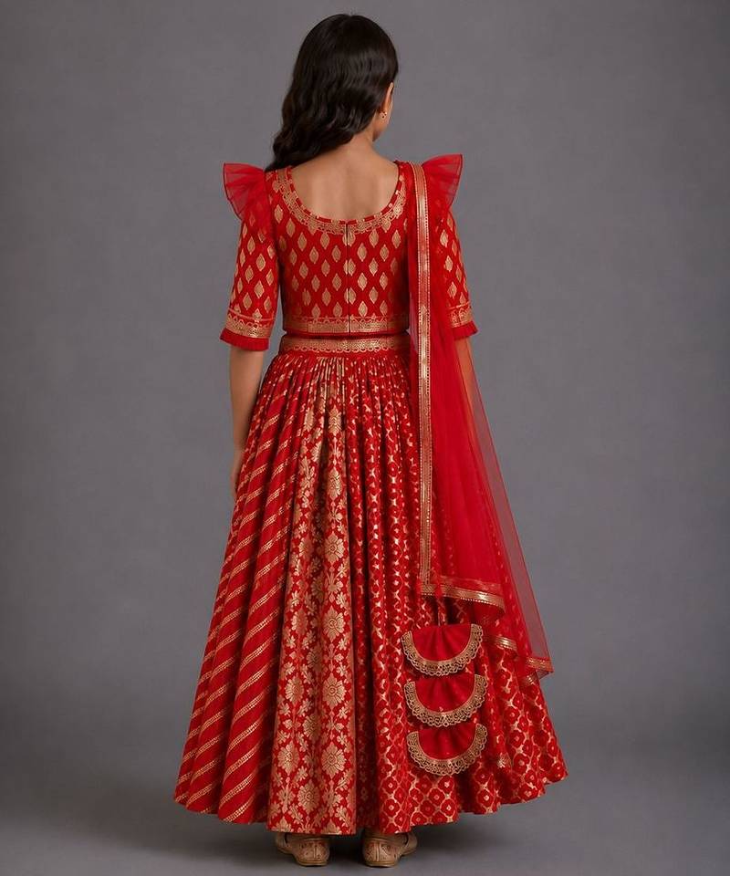 Deep red chanderi cotton silk lehenga with drape dupatta
