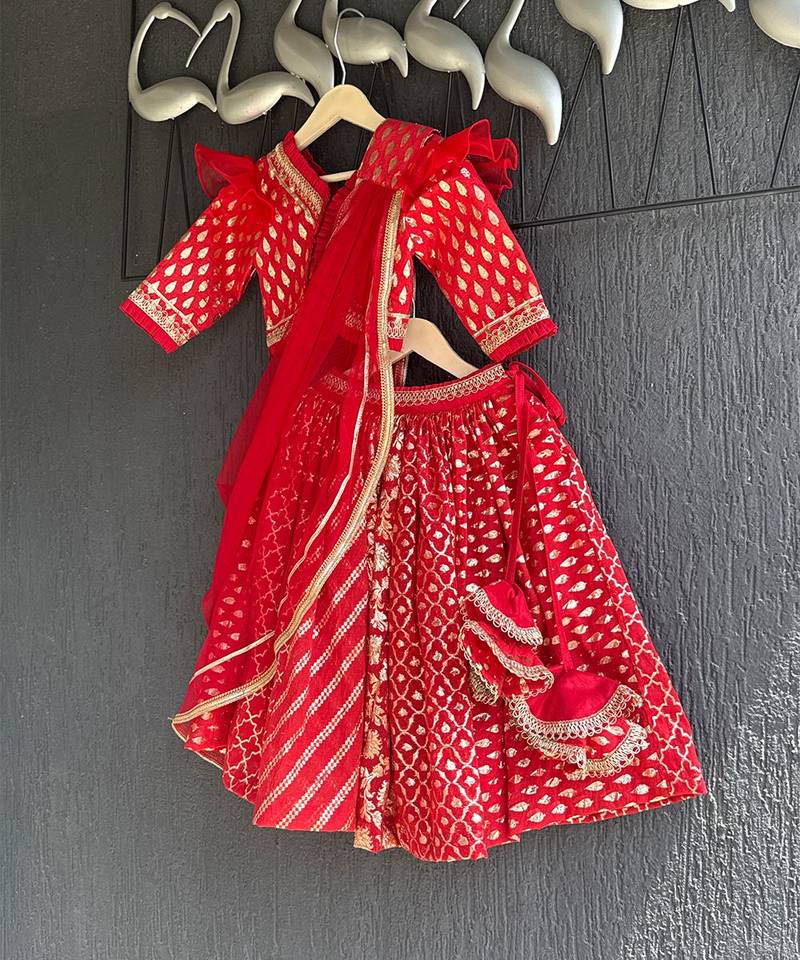 Deep red chanderi cotton silk lehenga with drape dupatta