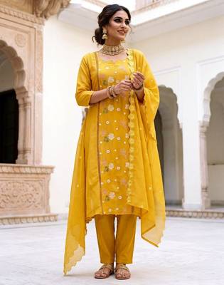 Premium Mustard Yellow Floral Embroidered Salwar Suit with Dupatta 1