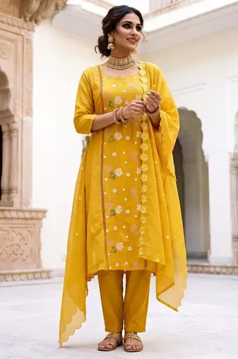 Premium Mustard Yellow Floral Embroidered Salwar Suit with Dupatta