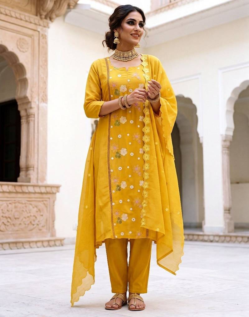 Premium Mustard Yellow Floral Embroidered Salwar Suit with Dupatta