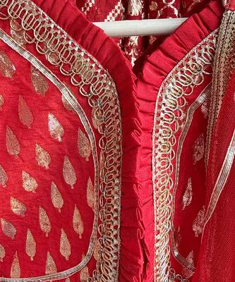Deep red chanderi cotton silk lehenga with drape dupatta 5