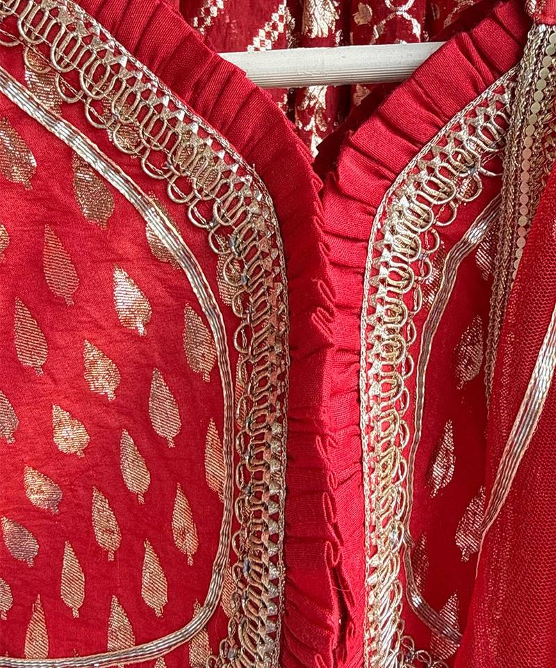 Deep red chanderi cotton silk lehenga with drape dupatta