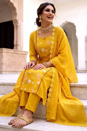 Premium Mustard Yellow Floral Embroidered Salwar Suit with Dupatta