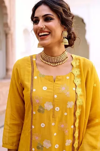 Premium Mustard Yellow Floral Embroidered Salwar Suit with Dupatta