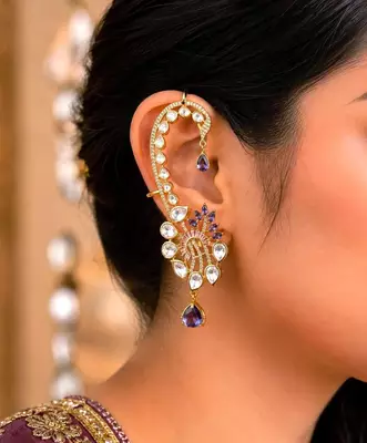Purple Kundan Ear Cuff Earrings, Gold Tone Bridal Ear Wrap 1
