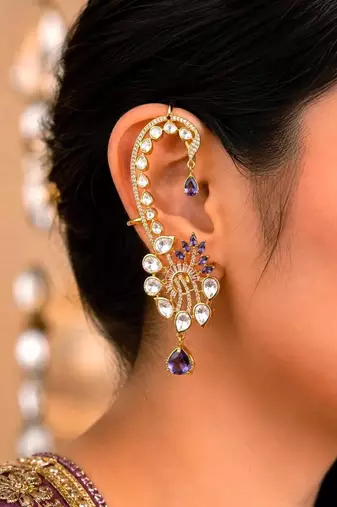 Purple Kundan Ear Cuff Earrings, Gold Tone Bridal Ear Wrap