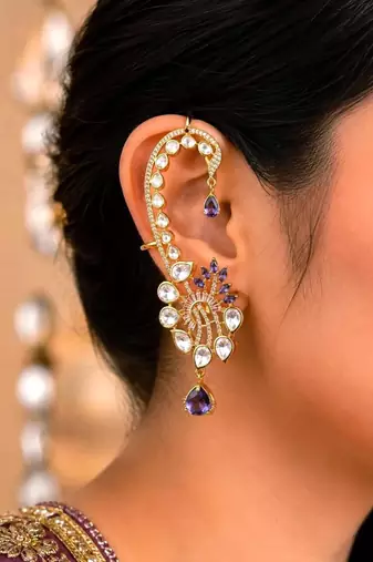Purple Kundan Ear Cuff Earrings, Gold Tone Bridal Ear Wrap