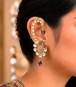 Purple Kundan Ear Cuff Earrings, Gold Tone Bridal Ear Wrap