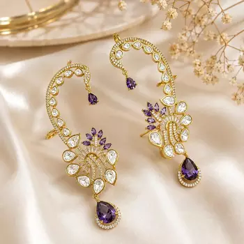 Purple Kundan Ear Cuff Earrings, Gold Tone Bridal Ear Wrap 2