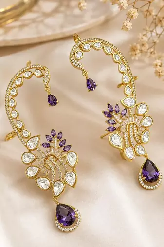 Purple Kundan Ear Cuff Earrings, Gold Tone Bridal Ear Wrap