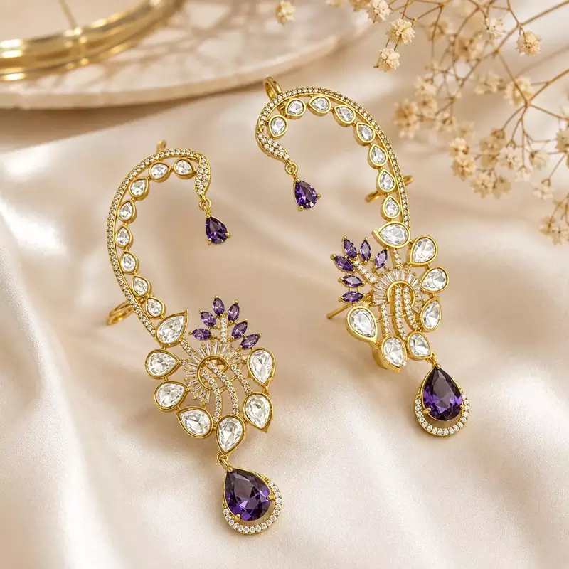 Purple Kundan Ear Cuff Earrings, Gold Tone Bridal Ear Wrap