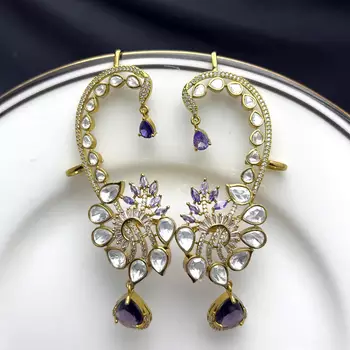 Purple Kundan Ear Cuff Earrings, Gold Tone Bridal Ear Wrap 3
