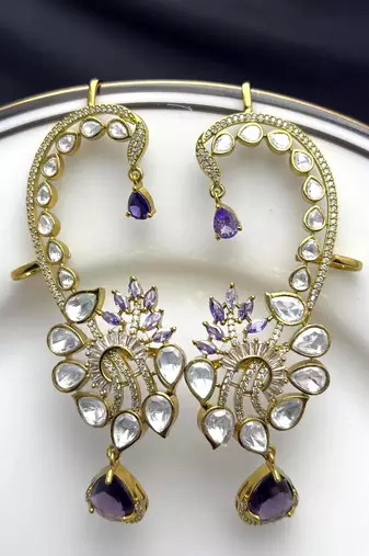 Purple Kundan Ear Cuff Earrings, Gold Tone Bridal Ear Wrap