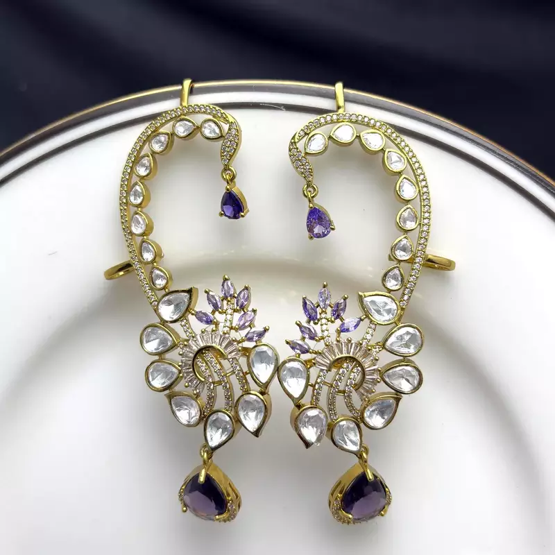 Purple Kundan Ear Cuff Earrings, Gold Tone Bridal Ear Wrap