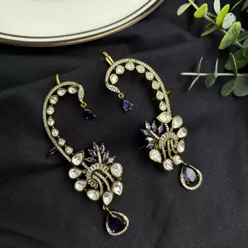 Purple Kundan Ear Cuff Earrings, Gold Tone Bridal Ear Wrap 4