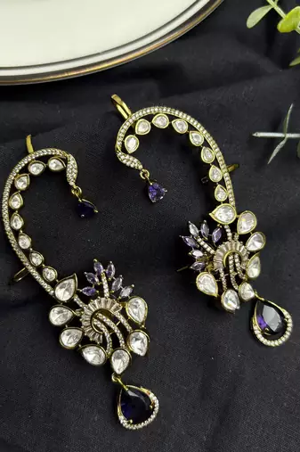 Purple Kundan Ear Cuff Earrings, Gold Tone Bridal Ear Wrap
