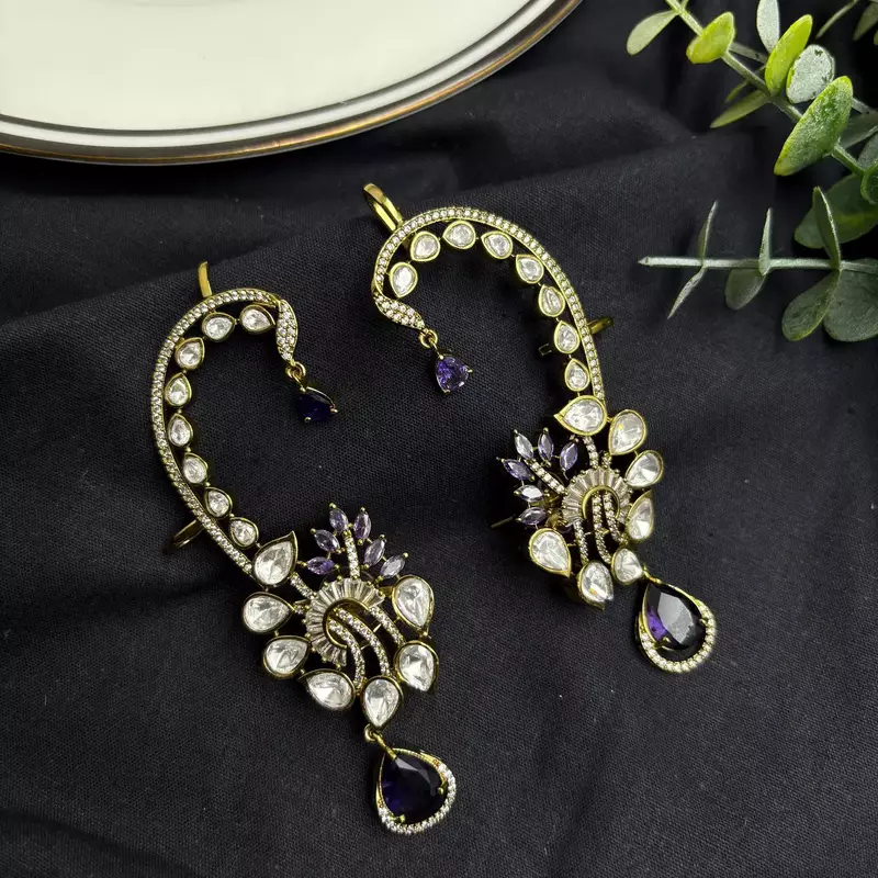Purple Kundan Ear Cuff Earrings, Gold Tone Bridal Ear Wrap