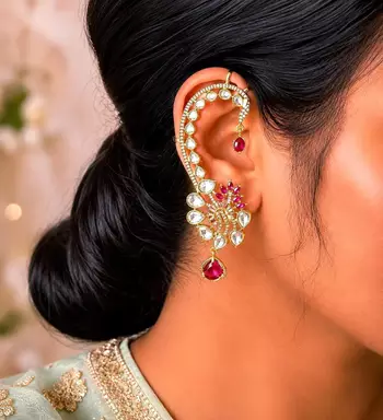 Ruby Pink Kundan Ear Cuff Earrings, Indian Bridal Ear Wrap, Gold Crawler Statement Wedding 1
