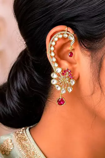 Ruby Pink Kundan Ear Cuff Earrings, Indian Bridal Ear Wrap, Gold Crawler Statement Wedding