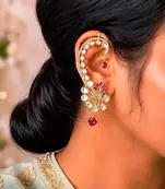 Ruby Pink Kundan Ear Cuff Earrings, Indian Bridal Ear Wrap, Gold Crawler Statement Wedding