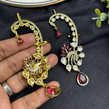 Ruby Pink Kundan Ear Cuff Earrings, Indian Bridal Ear Wrap, Gold Crawler Statement Wedding 2
