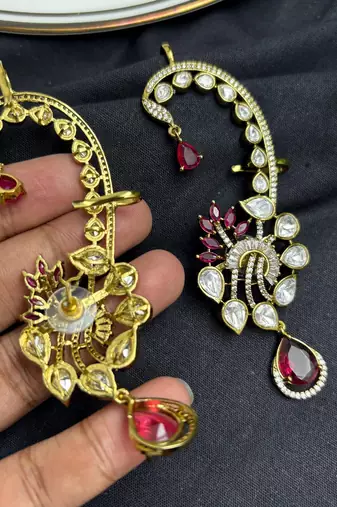 Ruby Pink Kundan Ear Cuff Earrings, Indian Bridal Ear Wrap, Gold Crawler Statement Wedding
