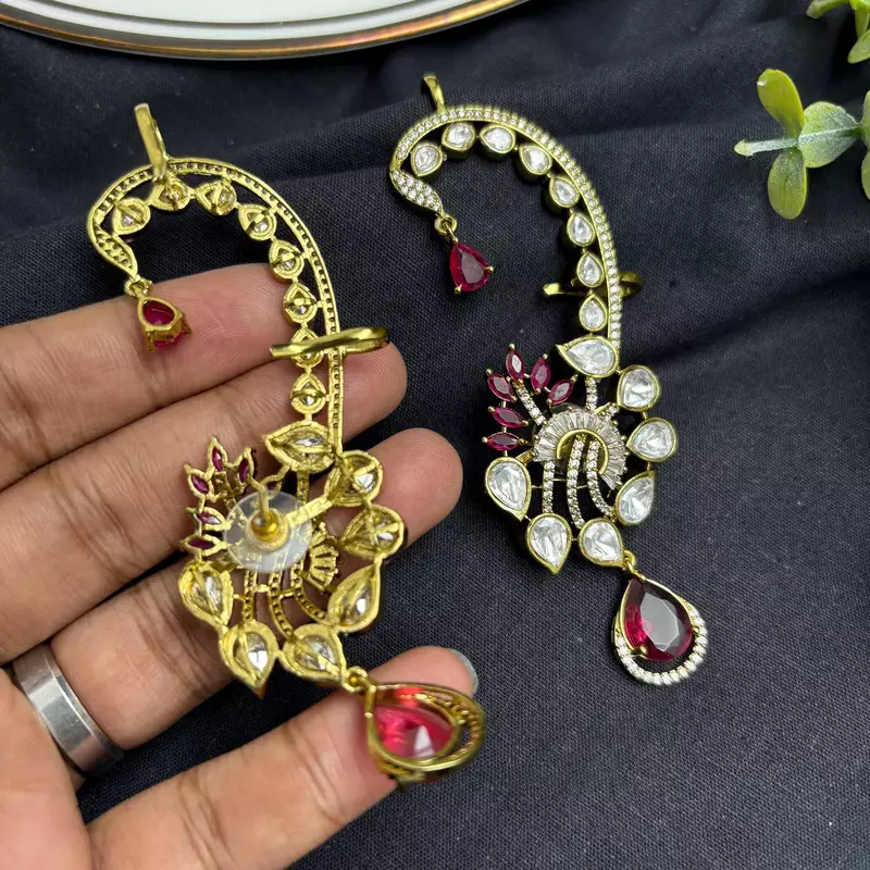 Ruby Pink Kundan Ear Cuff Earrings, Indian Bridal Ear Wrap, Gold Crawler Statement Wedding